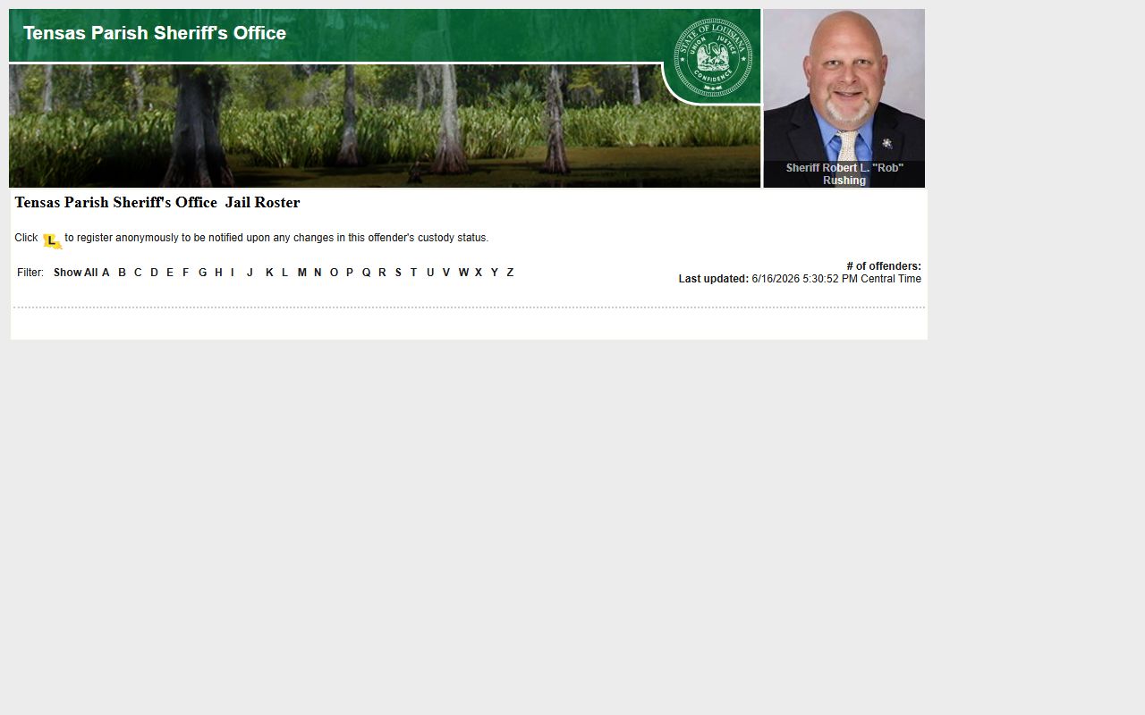 Tensas Parish inmate population jail roster and LAVNS search controls